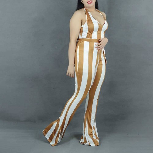 Striped Printed Halter Neck Body Fit Jumpsuit - Orange image