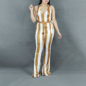 Striped Printed Halter Neck Body Fit Jumpsuit - Orange