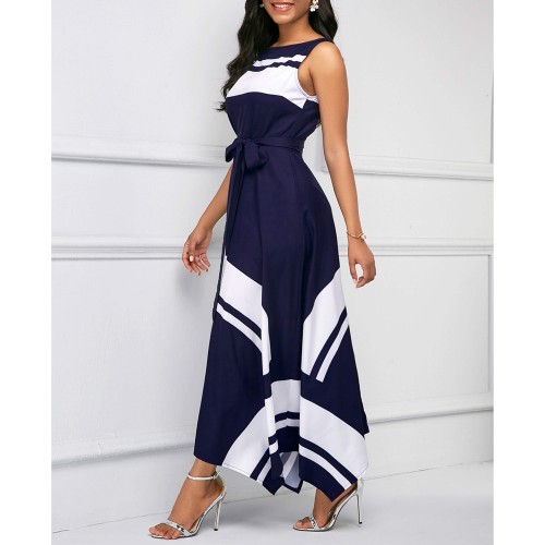 Printed Asymmetric Hem Sleeveless Maxi Dress - Navy Blue image
