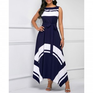 Printed Asymmetric Hem Sleeveless Maxi Dress - Navy Blue