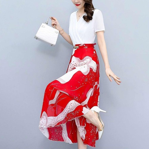 Women Floral Print Tight Mid-Length Dress - Red image
