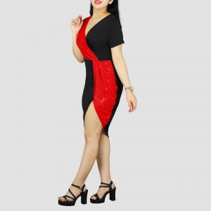 Short Sleeve Contrast Shining Cocktail Party Dress - Red