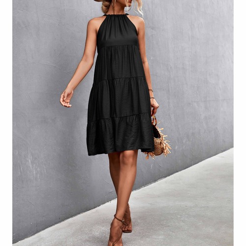 Knee Length Halter Neck Stitched Dress - Black image