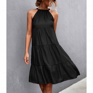 Knee Length Halter Neck Stitched Dress - Black
