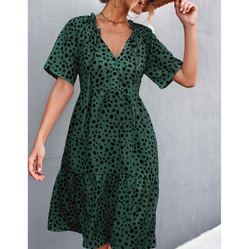 Sexy V-Neck Polka Cross Border Ruffled Dress - Green image