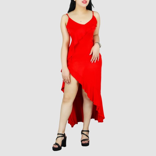 Ruffles Suspenders Sexy High Slit Dress - Red image
