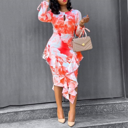 Round Neck Commuter Printed Ruffled Hip Dress - Red image