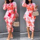 Round Neck Commuter Printed Ruffled Hip Dress - Red image
