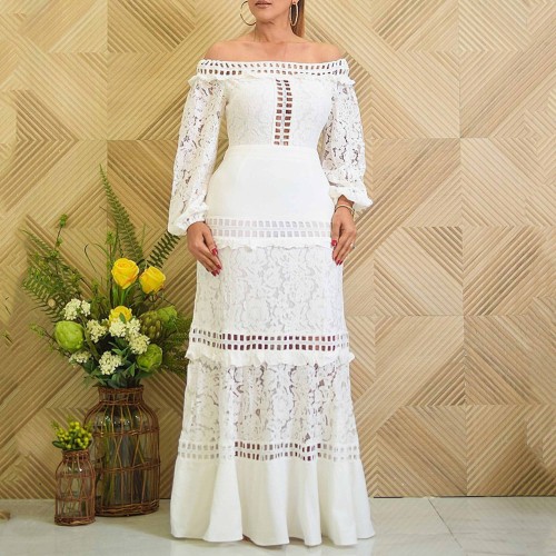 Off The Shoulder Ruffled Hollow Long Dress - White image