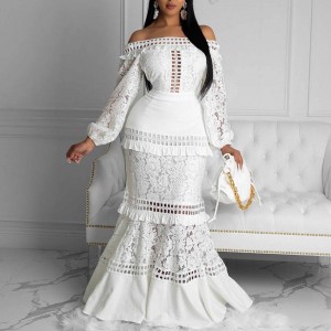 Off The Shoulder Ruffled Hollow Long Dress - White