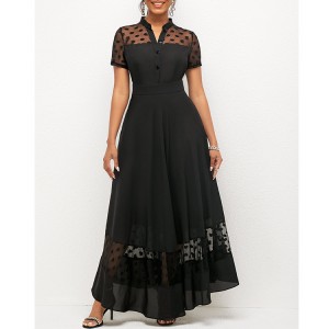 Chiffon Stitching Polka Dot Short Sleeve Dress - Black