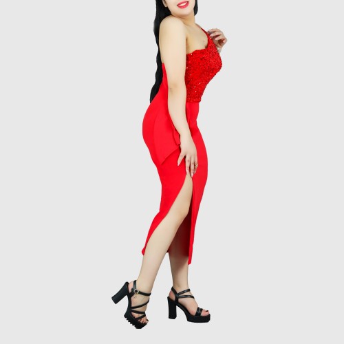 One Shoulder Sleeveless Stitching Sequin Dress - Red image