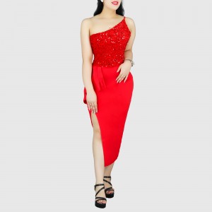 One Shoulder Sleeveless Stitching Sequin Dress - Red