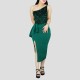 One Shoulder Sleeveless Stitching Sequin Dress - Green image