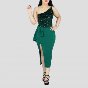 One Shoulder Sleeveless Stitching Sequin Dress - Green