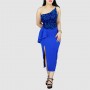 One Shoulder Sleeveless Stitching Sequin Dress - Blue