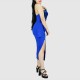 One Shoulder Sleeveless Stitching Sequin Dress - Blue image