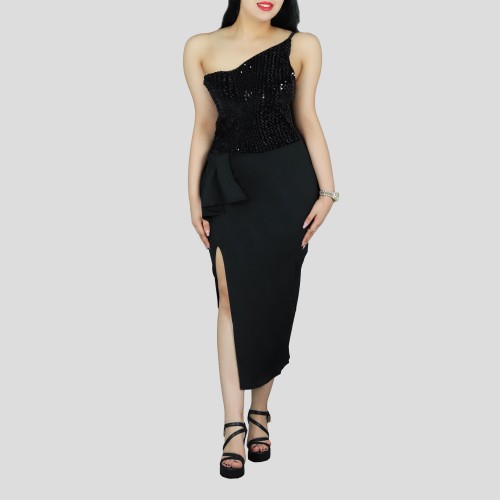 One Shoulder Sleeveless Stitching Sequin Dress - Black image