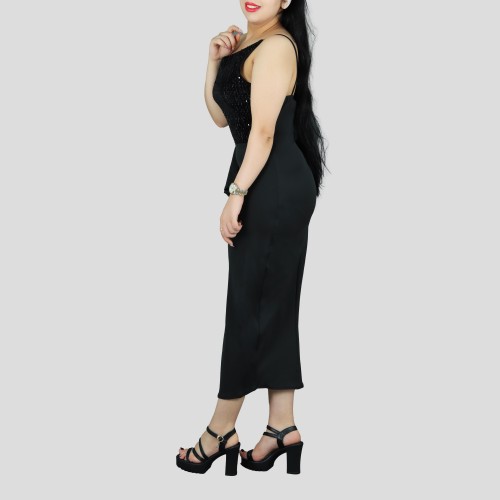 One Shoulder Sleeveless Stitching Sequin Dress - Black image