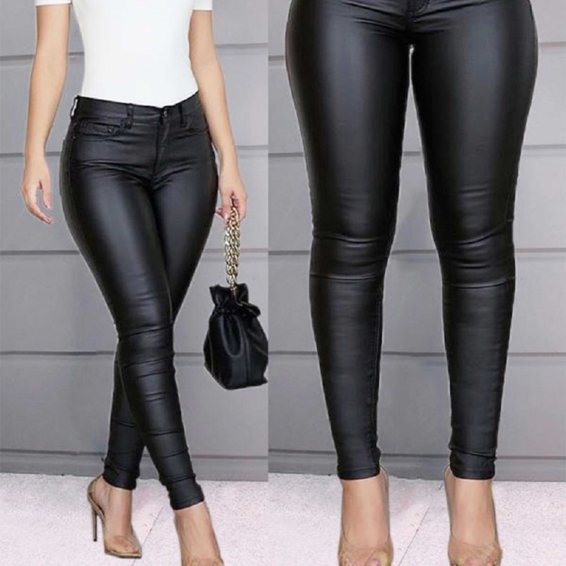 Casual Style High Waist PU Leather Pencil Pants - Black image