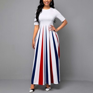 Multi Strips Printed Short Sleeve Long Swing Maxi Dress - White