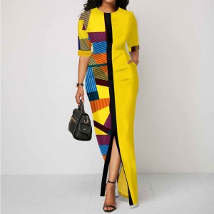 Contrast Geometric Printed Retro Body-con Maxi Dress - Yellow