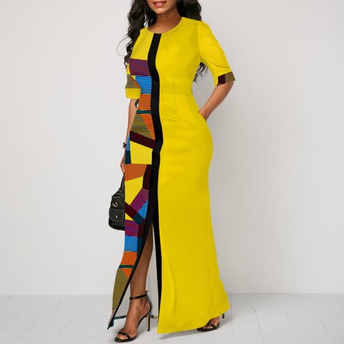 Contrast Geometric Printed Retro Body-con Maxi Dress - Yellow image