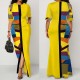 Contrast Geometric Printed Retro Body-con Maxi Dress - Yellow image