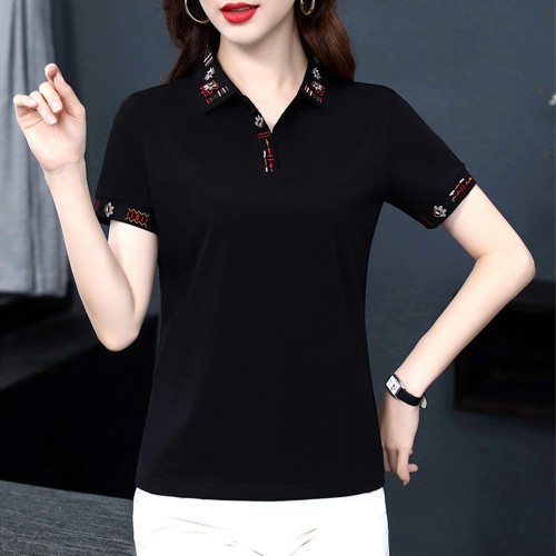 Lapel Cotton Slim Solid Color T-Shirt - Black image