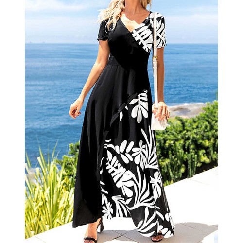 Digital Printing Short Sleeve Long Dress - Black image