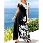 Digital Printing Short Sleeve Long Dress -  Black