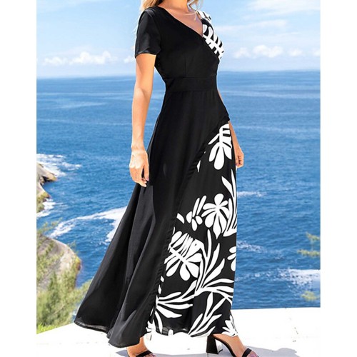 Digital Printing Short Sleeve Long Dress - Black image
