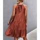 Knee Length Halter Neck Stitched Dress - Red image