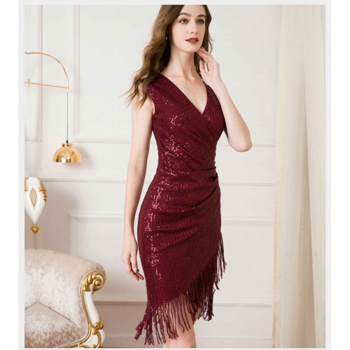 Irregular Tassels Sequined Backless Mini Party Dress - Red image