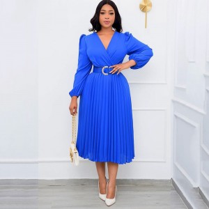 Elegant Long Deep V Neck Pleated Belted Corset Dress - Blue