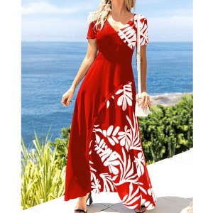 Digital Printing Short Sleeve Long Dress - Red