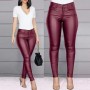 Casual Style High Waist PU Leather Pencil Pants - Red