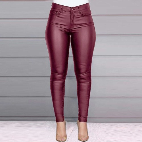 Casual Style High Waist PU Leather Pencil Pants - Red image