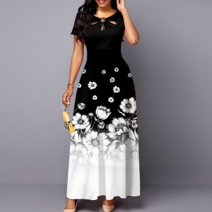 Floral Printed Short-Sleeved Maxi Dress - Black