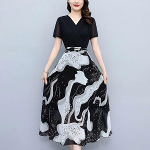 Women Floral Print Tight Mid-Length Dress - Black