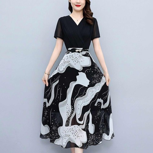 Women Floral Print Tight Mid-Length Dress - Black image