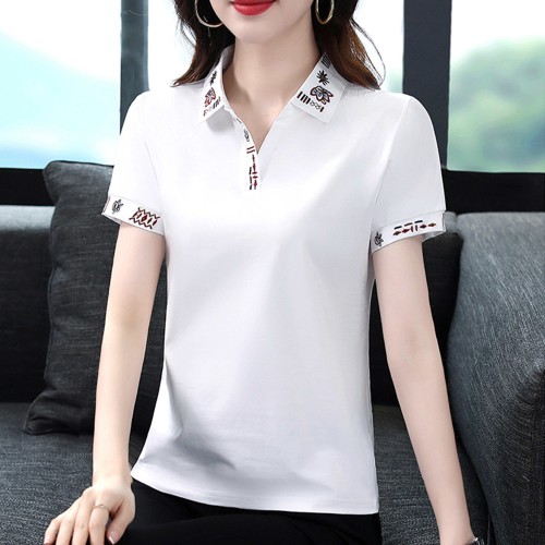 Lapel Cotton Slim Solid Color T-Shirt - White image