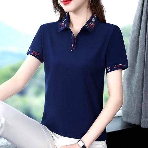 Lapel Cotton Slim Solid Color T-Shirt - Blue image