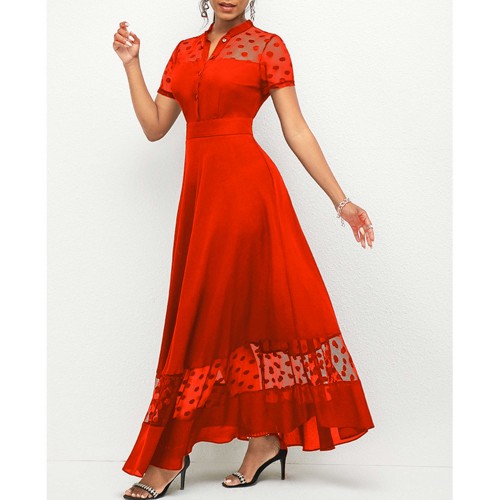 Chiffon Stitching Polka Dot Short Sleeve Dress - Red image