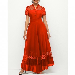 Chiffon Stitching Polka Dot Short Sleeve Dress - Red