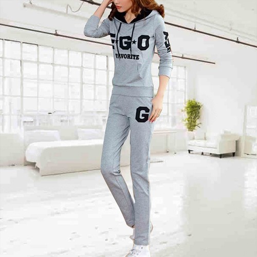Full Sleeves Hooded Casual Sports Two Piece Trick Suit - Grey image