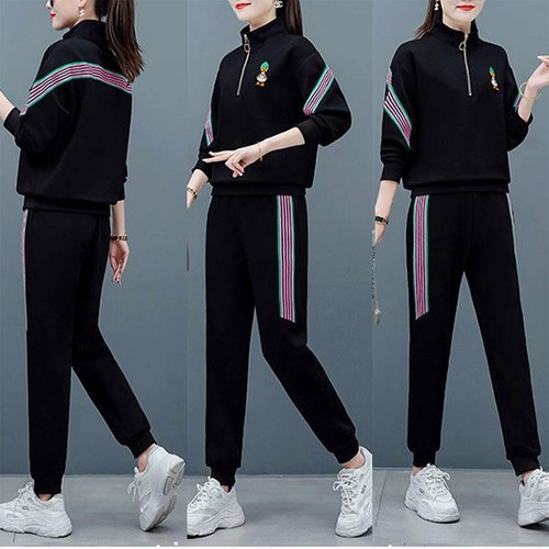 Contrast Stripped Sportswear Loose Two Piece Track Suit - Black image