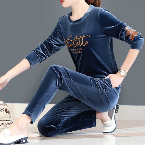 Round Neck Two-Piece Velvet Sportswear Women Tracksuit - Blue image