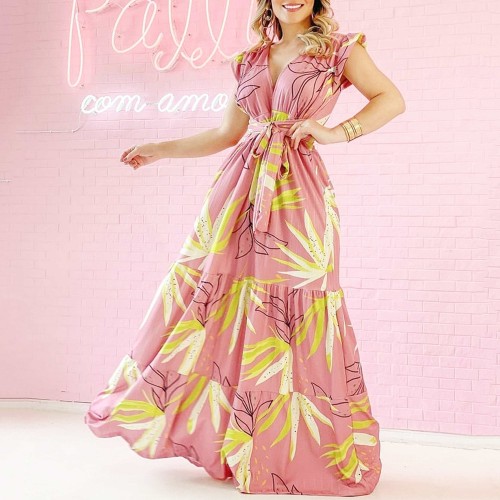 Cross-Border Full Length Sleeveless Bohemian Dress-Pink image