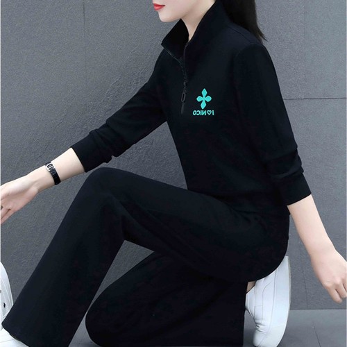 Casual Sportwear Cotton Two Piece Women Tracksuit - Black image